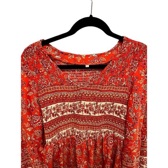 🍒 2/$20 🍒 Red Boho Flowy Long Sleeve Dress with V-Neck sz L - Picture 3 of 8